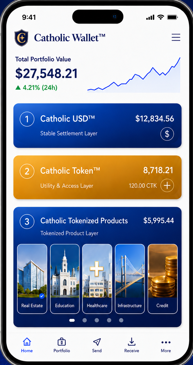 Catholic Wallet Asset Universe Dashboard mockup