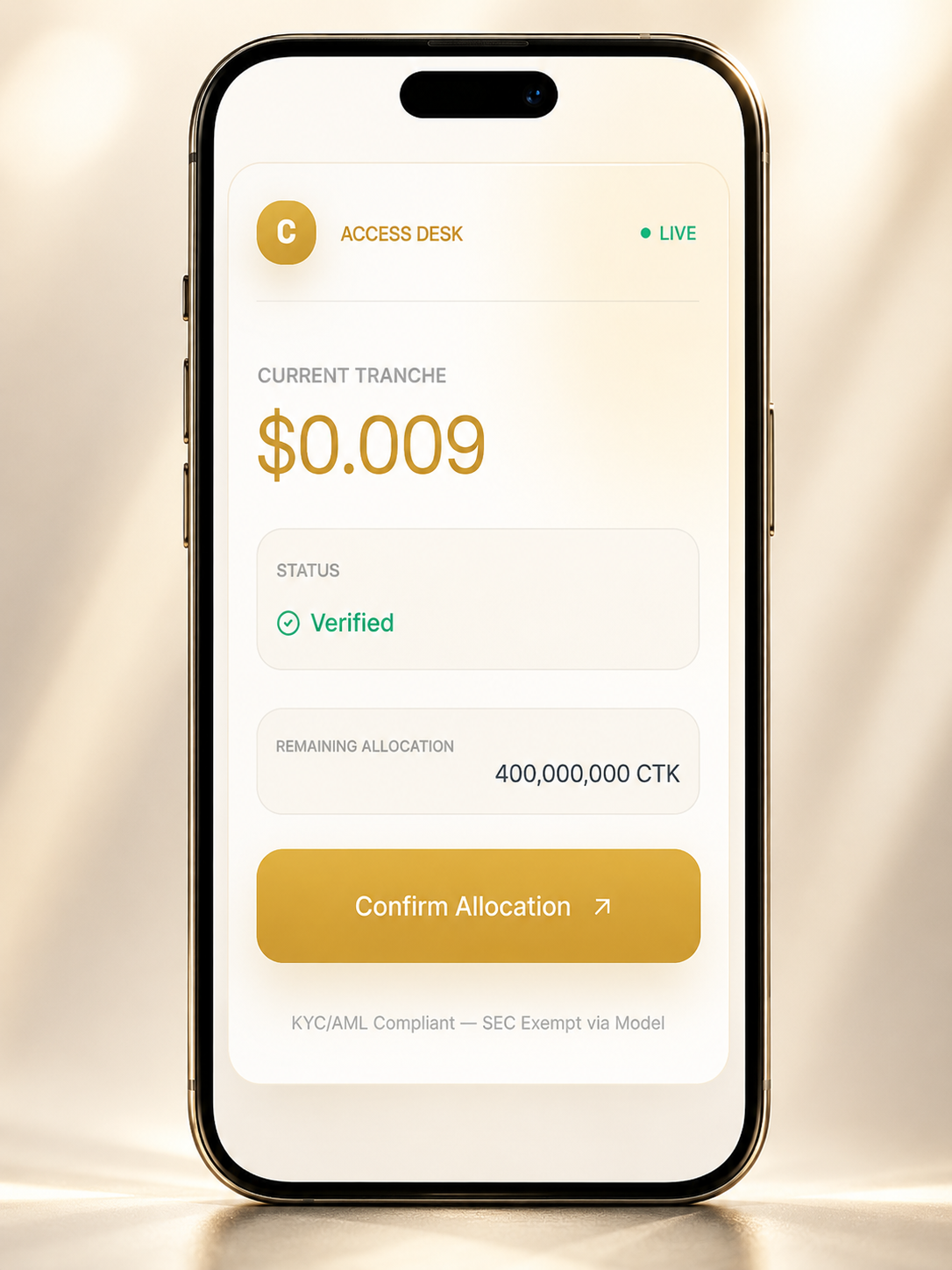 Catholic Token Access Desk shown on iPhone — Current Tranche $0.009, status Verified, 400,000,000 CTK remaining