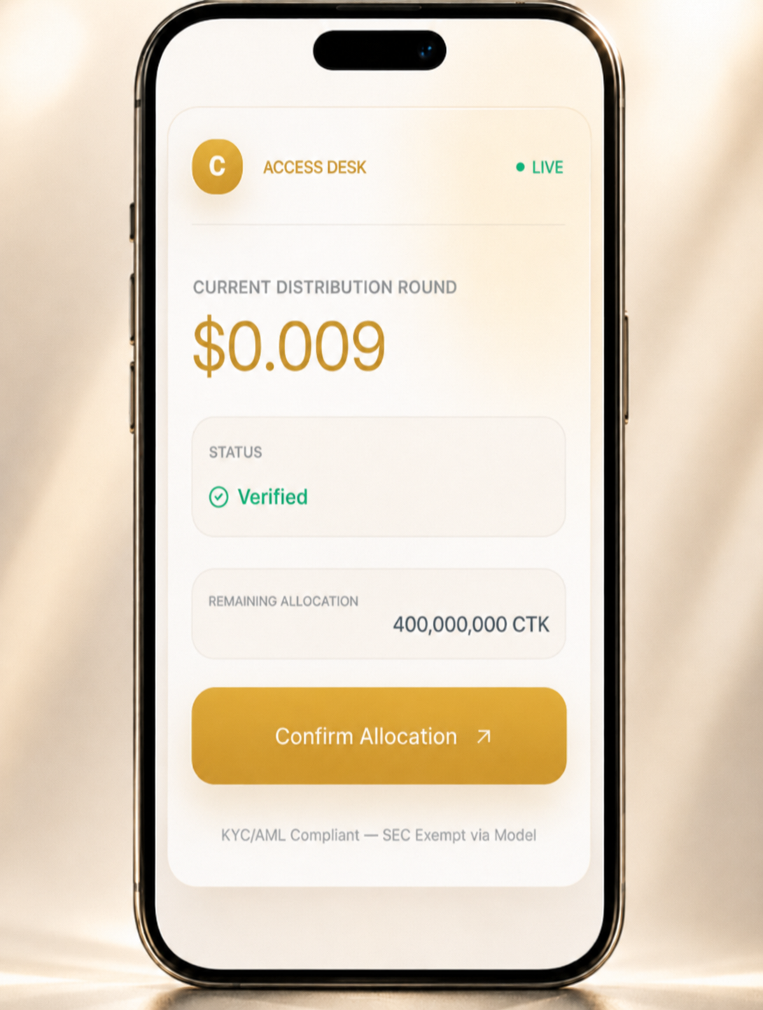 Catholic Token Access Desk shown on iPhone — Current Tranche $0.009, status Verified, 400,000,000 CTK remaining