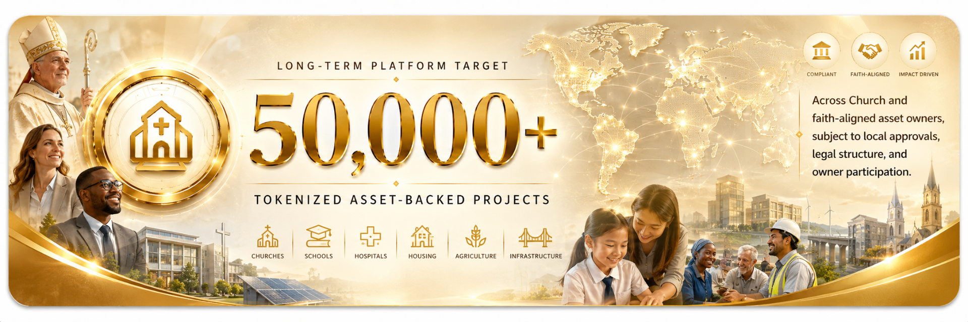 Long-term platform target: 50,000+ tokenized asset-backed projects across churches, schools, hospitals, housing, agriculture, and infrastructure.